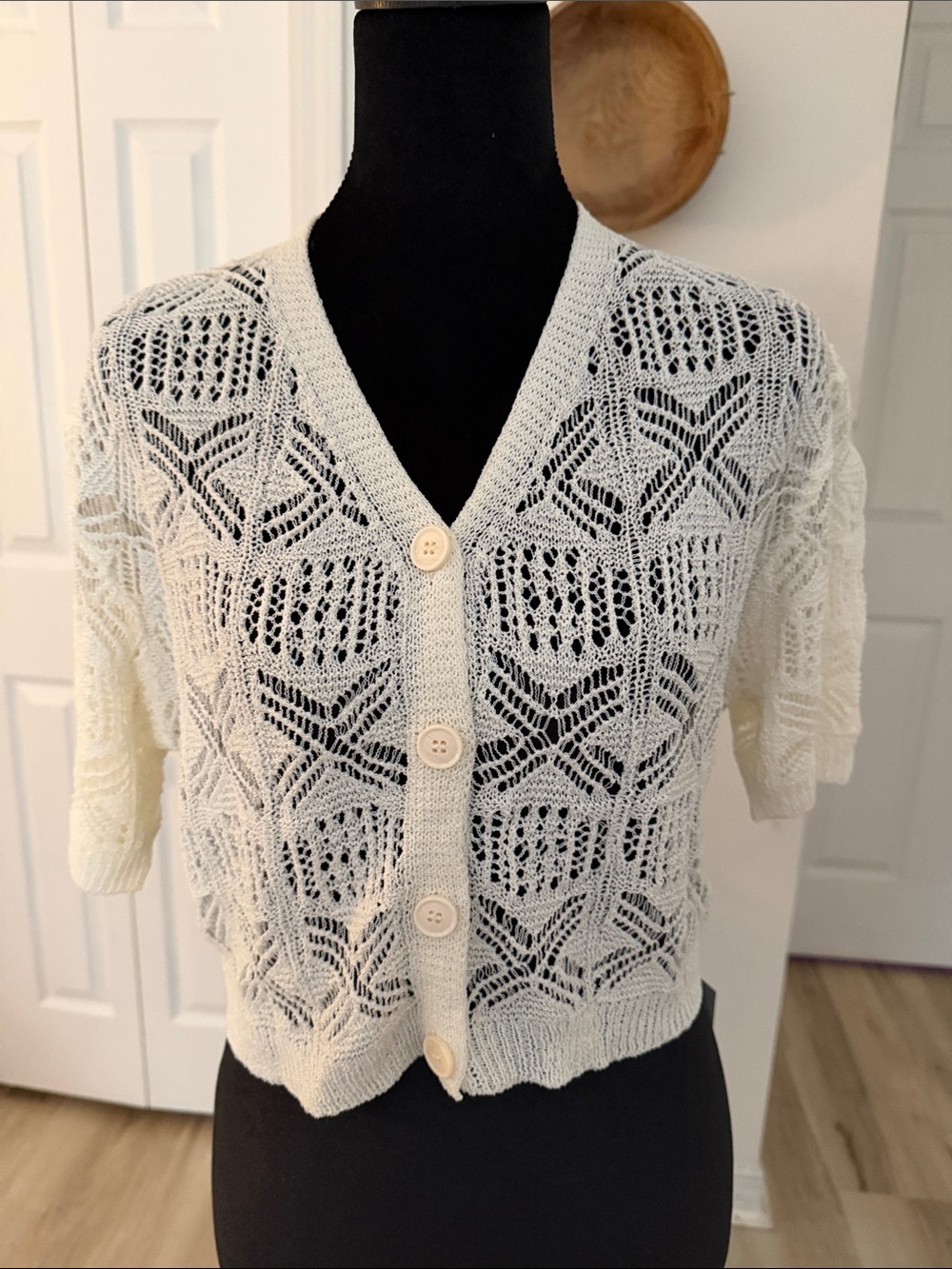 Lightweight Cream Openwork V-Neck Cardigan